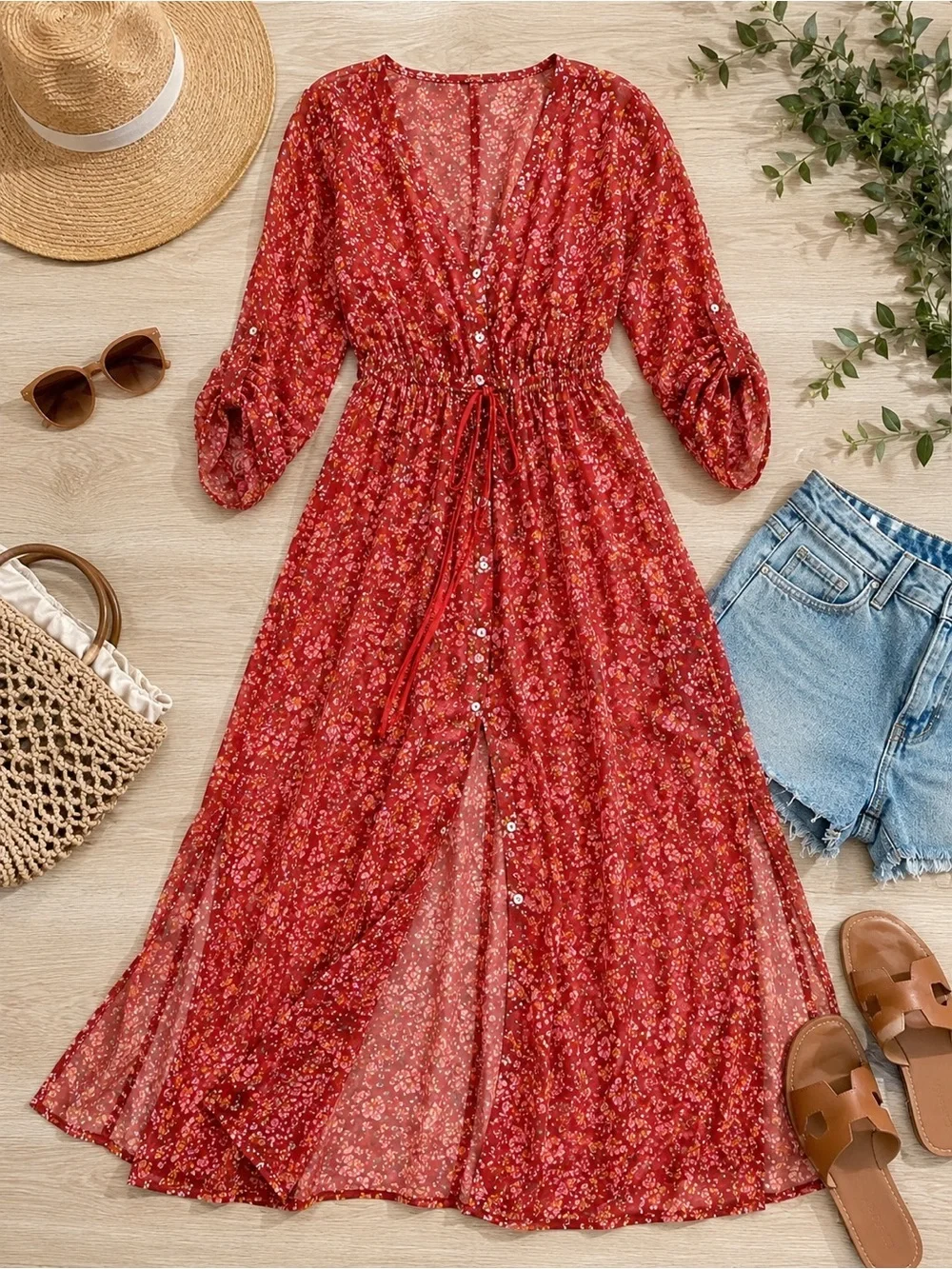 Red Floral Sheer Maxi Dress Boho Beach Cover-Up Tie Waist Size L